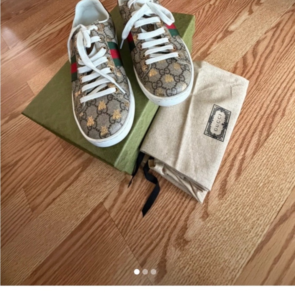 Gucci Brown Monogram Sneakers with Red and Green Stripes